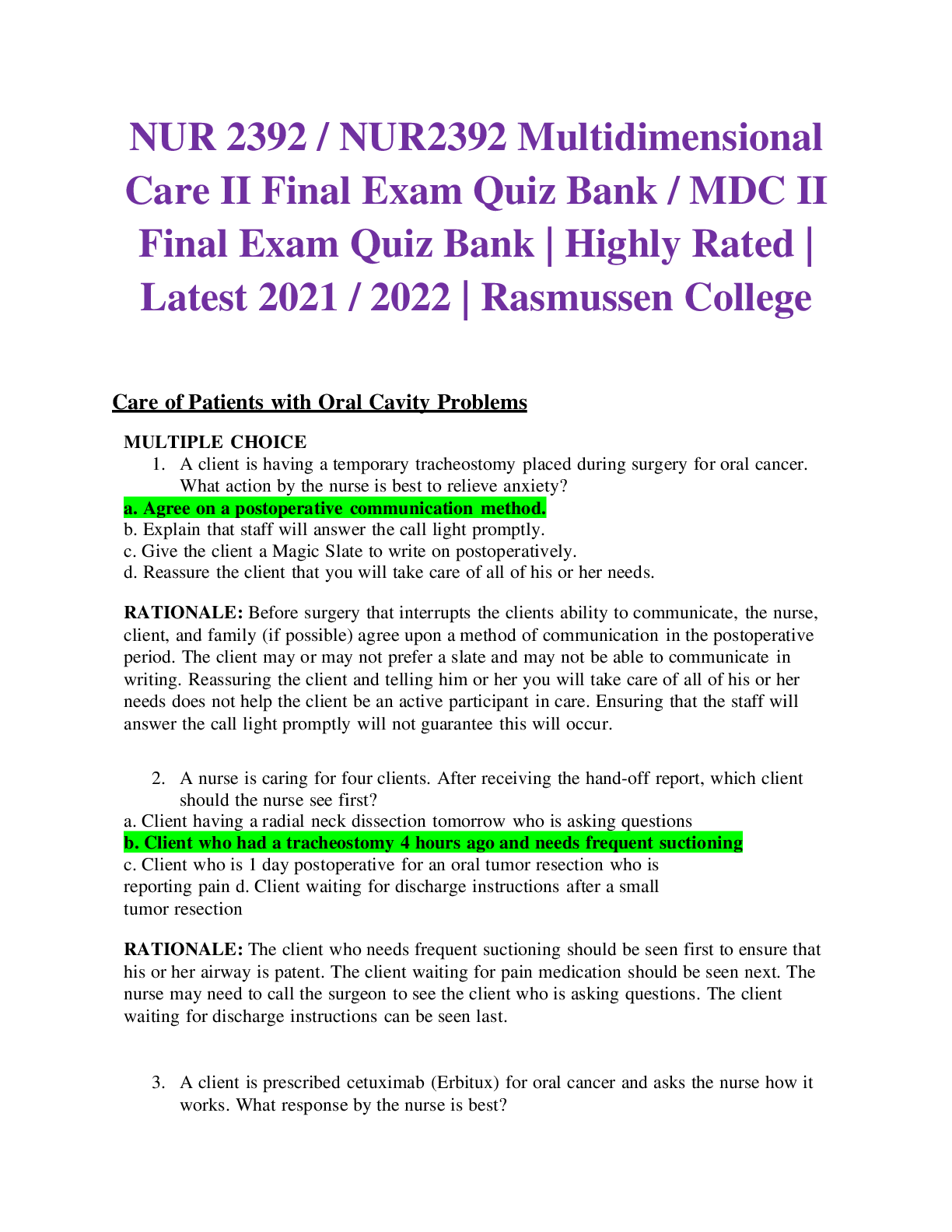 Preview of NUR 2392 / NUR2392 Multidimensional Care II Final Exam Quiz Bank / MDC II Final Exam Quiz